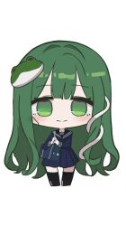 1girl alternate_costume bag bandaid bandaid_on_face black_sailor_collar black_serafuku blush_stickers chibi collared_shirt double-parted_bangs facing_viewer frog_hair_ornament green_eyes green_hair hair_intakes hair_ornament highres holding holding_bag kochiya_sanae long_hair long_sleeves looking_at_viewer mino_(minori) sailor_collar school_uniform serafuku shirt simple_background skirt skirt_set snake_hair_ornament solo touhou very_long_hair white_background wide_sleeves