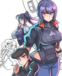 5girls absurdres alita arm_blade bartender battle_angel_alita black_hair black_leotard blade_runner breasts cigarette collarbone commentary cropped_jacket crossover cyberpunk english_commentary ghost_in_the_shell ghost_in_the_shell:_sac_2045 glados gun handgun highleg highleg_leotard highres jill_stingray kusanagi_motoko large_breasts leotard long_hair lowleg lowleg_pants multiple_crossover multiple_girls one-eyed pants pistol portal_(series) portal_1 purple_hair rachel_(blade_runner) robot sagas293 short_hair smoking trait_connection twintails unfinished va-11_hall-a weapon