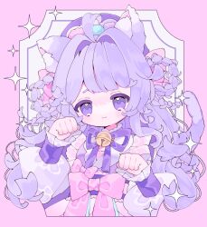 1girl :3 ahoge analogous_colors animal_ears bell border bow closed_mouth commission hands_up highres indie_utaite japanese_clothes jingle_bell kimono lolita_fashion long_hair neck_bell neck_ribbon no_nose outside_border pastel_colors paw_pose pink_border pink_bow purple_eyes purple_hair purple_kimono purple_ribbon ribbon solo sparkle upa_papa_co upper_body white_background