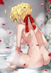 10s 1girl ahoge arm_support ass backboob bad_id bad_pixiv_id bathing blonde_hair braid breasts closed_mouth club3 convenient_arm fate/extra fate_(series) female_focus french_braid green_eyes hair_bun hair_intakes hair_ribbon highres indoors large_breasts looking_at_viewer looking_back nero_claudius_(fate) nero_claudius_(fate/extra) nude onsen petals petals_on_liquid pillar plant red_ribbon ribbon rose_petals short_hair shoulder_blades signature single_hair_bun sitting smile soaking_feet solo steam underboob vines water