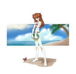 1girl amondetauro ball beach beachball bikini breasts full_body highres interface_headset_(evangelion) long_hair neon_genesis_evangelion orange_hair robot small_breasts smile solo souryuu_asuka_langley standing striped_bikini striped_clothes swimsuit