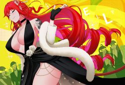 5girls absurdres arm_tattoo black_choker black_dress black_gloves black_nails blush breasts choker closed_eyes closed_mouth collarbone dragon_tattoo dress elly_(vtuber) elly_(vtuber)_(casino) feather_boa fingerless_gloves flower gloves hair_flower hair_ornament highres indie_virtual_youtuber jewelry large_breasts long_hair multiple_girls nail_polish necklace red_hair riki-to rose side_slit stanchion tattoo virtual_youtuber white_flower white_rose