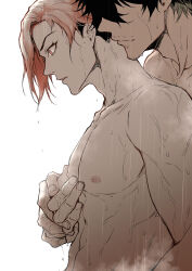 2boys beard_stubble blue_lock chuma_a_a closed_mouth collarbone facial_hair fingernails from_side green_eyes highres holding_hands hug hug_from_behind male_focus multicolored_hair multiple_boys nipples no_eyes nude oliver_aiku red_hair sendou_shuuto short_hair showering simple_background stubble toned toned_male two-tone_hair upper_body wet white_background yaoi