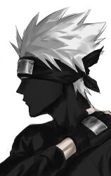Rule 34 | 1boy, black gloves, fingerless gloves, forehead protector, gloves, hatake kakashi, highres, male focus, mask, mouth mask, naruto (classic), naruto (series), ninja, ninja mask, one eye covered, profile, short hair, simple background, solo, spiked hair, sso s, upper body, white background, white hair