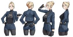 1girl :/ absurdres arms_behind_back ass black_gloves black_pantyhose black_shirt blonde_hair blue_jacket blue_shorts breasts cleavage_cutout closed_mouth clothing_cutout coin commentary cropped_legs from_behind from_side gloves green_eyes grin hair_bun hand_on_own_hip hand_up highres holding holding_coin jacket large_breasts long_sleeves looking_at_viewer multiple_views open_clothes open_jacket original pantyhose profile shirt short_shorts shorts sideways_mouth simple_background single_hair_bun smile tbocart turtleneck turtleneck_shirt white_background