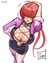 Rule 34 | 1girl, artist name, blunt bangs, breasts, cleavage, hair over eyes, hand on own head, highres, large breasts, open mouth, red hair, shermie (kof), simple background, snk, solo, the king of fighters, tomo eokaiteru, white background