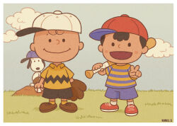 2boys animal_ears artist_name bald ball baseball baseball_bat baseball_cap baseball_glove black_hair black_shorts blue_shorts blush_stickers charles_schulz_(style) charlie_brown cloud cloudy_sky crossover day dog dog_ears full_body grass hat highres holding holding_ball holding_baseball_bat kohei_s male_focus mother_(series) mother_2 multiple_boys ness_(mother_2) nintendo open_mouth peanuts_(comic) pitcher&#039;s_mound shirt shorts sky snoopy socks solid_circle_eyes standing striped_clothes striped_shirt v vertical-striped_clothes vertical-striped_shirt white_socks yellow_socks