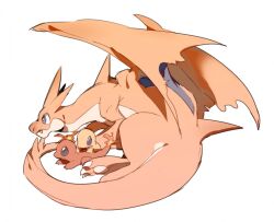 blue_eyes blue_wings bright_pupils charizard charmander claws colored_skin fangs gen_1_pokemon horns mega_charizard_y mega_pokemon multiple_horns nintendo no_humans orange_skin orange_wings pawpads pokemon pokemon_(creature) pokemon_focus simple_background size_difference sketch spines two-tone_wings white_background white_pupils wings yata571