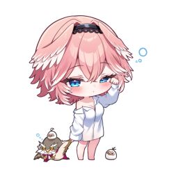 1girl black_hairband blue_eyes blush breasts chibi cleavage collared_shirt colored_tips ganmo_(takane_lui) hairband head_wings holika_baby hololive long_sleeves multicolored_hair naked_shirt pink_hair shirt simple_background single_bare_shoulder squeans takane_lui tsukune_(takane_lui) tsumire_(takane_lui) virtual_youtuber white_background white_hair white_shirt wings