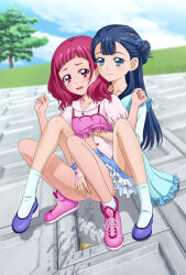 2girls hand_in_panties highres hugtto!_precure long_hair multiple_girls nono_hana panties pee peeing precure puddle pussy short_hair squatting tooo uncensored underwear yakushiji_saaya yuri