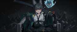 1girl animal_ears black_hair black_necktie black_skirt blunt_bangs bruise closed_mouth cowboy_shot dress_shirt fingerless_gloves fox_ears fox_girl gauntlets gloves green_jacket high-waist_skirt highres holding holding_sword holding_weapon hoshimi_miyabi injury jacket long_hair looking_at_viewer meka_aoratos meme necktie red_eyes serious shirt sidelocks single_fingerless_glove sitting skirt solo sword vergil&#039;s_chair_(meme) weapon white_shirt zenless_zone_zero