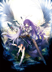 2girls ahoge armor aselia_bluespirit belt blue_eyes boots detached_wings eien_no_aselia eternity_sword_series euphoria_(eternity_sword) euphoria_(seinarukana) feathered_wings full_body gloves glowing hair_ornament halo head_wings highres hitomaru hug long_hair mother_and_daughter multiple_girls plate_armor polearm purple_eyes purple_hair sheath sheathed smile spear sword weapon wings