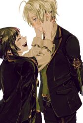 Rule 34 | 2boys, :d, ^ ^, affectionate, ahoge, armband, arms behind back, arms up, bad id, bad twitter id, belt, black hair, black nails, blazer, blue eyes, blunt bangs, blunt ends, blush, bob cut, breast pocket, closed eyes, collared shirt, commentary request, cowboy shot, cuff links, edtwsta, facing another, fangs, father and son, from side, gold trim, green armband, green vest, hands on another&#039;s face, height difference, highres, jacket, jacket on shoulders, lapels, light smile, lilia vanrouge, long sleeves, looking at another, looking down, male focus, multicolored hair, multiple belts, multiple boys, night raven college uniform, open clothes, open jacket, open mouth, pants, parted bangs, peaked lapels, pink hair, pocket, pointy ears, profile, raised eyebrows, raised inner eyebrows, shirt, short hair, silver vanrouge, simple background, sleeves rolled up, smile, streaked hair, twisted wonderland, vest, waistcoat, white background, white hair