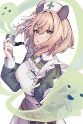 1girl absurdres animal_ears apron blonde_hair commentary contrast_collar crossed_bangs dress extra_ears green_dress green_eyes hair_between_eyes hair_ribbon hat highres holding holding_smoking_pipe indie_virtual_youtuber long_sleeves looking_at_viewer name_tag naplings_(nimi_nightmare) nimi_nightmare nurse nurse_cap one_side_up open_mouth ribbon ricke_2002 short_hair simple_background smoking_pipe solo tapir_ears tapir_girl virtual_youtuber waist_bag white_apron white_background