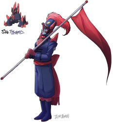 1girl artist_name blue_boots blue_skin boots colored_skin flag gen_5_pokemon gigalith gloves hat highres holding holding_flag looking_at_viewer military_uniform multicolored_eyes nintendo personification pokemon pokemon_(creature) red_flag red_gloves red_hair short_hair simple_background solo tamtamdi white_background