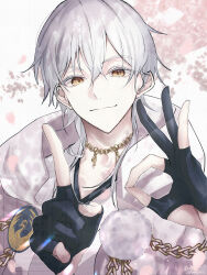 1boy ayase_mks black_gloves chain closed_mouth fingerless_gloves floral_background gloves hair_over_shoulder hand_up highres japanese_clothes kimono looking_at_viewer male_focus medium_hair ok_sign partially_fingerless_gloves pointing pointing_up portrait short_hair signature solo touken_ranbu tsurumaru_kuninaga watermark white_hair white_hood white_kimono yellow_eyes