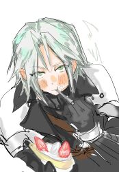 1boy arm_armor armor black_coat black_gloves black_sweater blush bracer chest_strap coat crepe final_fantasy final_fantasy_vii final_fantasy_vii_ever_crisis food food_on_face fruit gloves green_eyes grey_hair hair_between_eyes hands_up highres holding holding_crepe holding_food long_sleeves looking_at_viewer looking_up male_focus pauldrons sephiroth sephiroth_(ever_crisis) shen_0012 short_hair shoulder_armor sketch slit_pupils solo strawberry sweater tnngan_nan_(27yen) turtleneck turtleneck_sweater upper_body white_background
