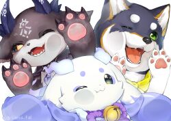 Rule 34 | bell, black sclera, cheek press, colored sclera, debidebi debiru, demon horns, dog, eyeliner, green eyes, highres, horns, kuroi shiba, lunlun (nijisanji), makeup, neck bell, nijisanji, no humans, one eye closed, orange eyes, pawpads, purple eyeliner, sharp teeth, shiba inu, short eyebrows, sierra fall, simple background, teeth, twitter username, virtual youtuber, white background