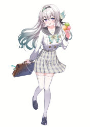 1girl absurdres aqua_hair bag black_hairband black_sailor_collar black_shoes brown_bag buttons commentary day firefly_(honkai:_star_rail) firefly_(spring_missive)_(honkai:_star_rail) food full_body grey_hair hair_between_eyes hair_ornament hairband highres holding holding_bag holding_food holding_ice_cream holding_ice_cream_cone honkai:_star_rail honkai_(series) ice_cream ice_cream_cone loafers long_hair long_sleeves looking_at_viewer official_alternate_costume oguraponti open_mouth outdoors sailor_collar school_uniform shirt shoes simple_background skirt solo thighhighs very_long_hair white_background white_shirt white_thighhighs zettai_ryouiki