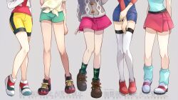 Rule 34 | 5girls, bike shorts, blue overalls, blue shirt, boots, cardigan, dress, floral print, gloria (pokemon), green shorts, grey background, grey cardigan, highres, jacket, kris (pokemon), leaf (pokemon), leg focus, legs, long sleeves, loose socks, lower body, lyra (pokemon), multiple girls, nintendo, overalls, pink dress, plaid clothes, plaid socks, pokemon, pokemon frlg, pokemon gsc, pokemon hgss, pokemon sm, pokemon swsh, red shirt, red skirt, selene (pokemon), shirt, shoes, shorts, simple background, skirt, sleeveless, sleeveless shirt, sneakers, socks, suspenders, thighhighs, tied shirt, white thighhighs, yellow shirt, yellow shorts, yomogi (black-elf)