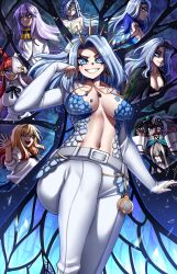 5girls absurdres belt blue_bra blue_eyes blue_hair bra breasts broken_glass character_request glass glass_shards gradient_background grin highres kitagawa_marin large_breasts long_hair mary_skelter monarch_(1st_costume)_(amalee) monarch_(amalee) monarch_(flame_empress)_(amalee) monarch_(mafia)_(amalee) monarch_(siren)_(amalee) multiple_girls multiple_persona navel official_alternate_costume one_piece one_piece_film:_red pants pyre_(mary_skelter) rageman709 smile sono_bisque_doll_wa_koi_wo_suru star_(sky) starry_sky_background underwear uta_(one_piece) voice_actor_connection vshojo white_pants