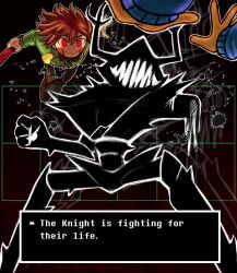 Rule 34 | 3others, absurdres, androgynous, blue sweater, blush, brown hair, brown pants, chara (undertale), crossover, deltarune, dragon ball, dragonball z, english text, evil smile, fighting, frisk (undertale), green sweater, highres, holding, holding knife, horns, jewelry, knife, locket, majindoodles, multiple others, pants, pendant, red eyes, roaring knight, smile, sweater, undertale