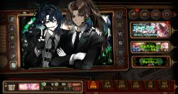 Rule 34 | 2boys, absurdres, aqua eyes, black eyes, black gloves, black jacket, black necktie, cherry oux, collared shirt, crossed arms, dark-skinned male, dark skin, facial scar, fingerless gloves, full-stop office (identity) (project moon), gloves, grey shirt, hand on another&#039;s shoulder, headset, heathcliff (project moon), heterochromia, highres, hong lu (project moon), jacket, limbus company, long hair, looking at viewer, male focus, medium hair, multiple boys, necktie, ponytail, project moon, purple eyes, scar, scar on cheek, scar on face, shirt, sweatdrop, user interface, v, white gloves, white shirt