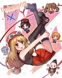 ! ? black_hair black_thighhighs brown_hair calem_(pokemon) chibi copyright_name creatures_(company) espurr eyewear_on_head game_freak gen_6_pokemon green_eyes hat heart highres kabaxima_kin looking_at_viewer nintendo orange_hair pokemon pokemon_(creature) pokemon_xy red_hat red_skirt serena_(pokemon) shauna_(pokemon) skirt sparkle sunglasses thighhighs tierno_(pokemon) trevor_(pokemon)