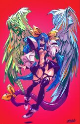 1boy 2girls angel_wings arc_system_works belt blood blue_hair breasts cleavage demon_wings dizzy_(guilty_gear) feathers floating flying guilty_gear guilty_gear_x high_heels highres jeff_zornow levitation long_hair looking_at_viewer monster_boy monster_girl multiple_girls necro_(guilty_gear) purple_eyes revealing_clothes ribbon shadow simple_background skull tail thong underboob undine_(guilty_gear) very_long_hair wings