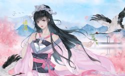 1girl absurdres bare_shoulders bird black_hair cherry_blossoms chi_lian_(qin_shi_ming_yue) chi_lian_qiju_zhu china_dress chinese_clothes dress hair_bun hair_ornament highres long_hair mountain qinshi_mingyue sash single_hair_bun swan watermark weibo_watermark