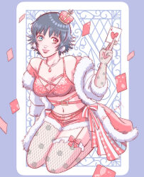 Rule 34 | 1girl, allie (united f), artist name, black hair, bow, breasts, card, cleavage, coat, devil may cry: peak of combat, devil may cry (series), fishnet thighhighs, fishnets, fur-trimmed coat, fur trim, green eyes, heterochromia, holding, holding card, jewelry, kneeling, lady (devil may cry), midriff, necklace, official alternate costume, red bow, red eyes, short hair, smile, thighhighs