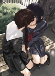 Rule 34 | 2girls, bench, black hair, black sailor collar, black serafuku, black skirt, blue serafuku, blue shirt, blue skirt, brown hair, highres, hiramedousa, kiss, multiple girls, neckerchief, original, red neckerchief, sailor collar, school uniform, serafuku, shirt, short hair, skirt, twintails, yuri