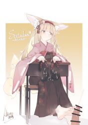 1boy 1girl absurdres alicorn_du_jiao animal_ear_fluff animal_ears arknights bar_censor barefoot blonde_hair border brown_skirt censored character_name chinese_commentary closed_mouth commentary_request copyright_name cum cum_in_footwear ejaculation feet footjob green_eyes hairband hetero highres holding holding_sandals japanese_clothes kimono light_blush loli long_hair long_skirt long_sleeves multiple_tails official_alternate_costume outline outside_border penis pink_kimono pleated_skirt red_hairband ribbon-trimmed_sleeves ribbon_trim sandals skirt smell soles suzuran_(arknights) suzuran_(yukibare)_(arknights) sweat tail tassel toes unworn_sandals variant_set white_border white_outline wide_sleeves yagasuri yellow_background yellow_tail
