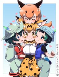4girls ;) ;d ^_^ animal_ear_fluff animal_ears animal_print ant backpack bad_id bad_pixiv_id bag black_gloves black_hair black_legwear blonde_hair blouse blue_background blue_eyes border bow bowtie breasts bug caracal_(kemono_friends) closed_eyes commentary_request extra_ears girl_sandwich gloves gradient_background green_hair hair_between_eyes hat hat_feather heart highres hug insect kaban_(kemono_friends) kemono_friends kemono_friends_2 kyururu_(kemono_friends) large_breasts looking_at_viewer multicolored_hair multiple_girls nekonyan_(inaba31415) one_eye_closed open_mouth orange_hair outside_border pantyhose pantyhose_under_shorts print_neckwear print_skirt red_shirt sandwiched serval_(kemono_friends) shirt shorts simple_background skirt sleeveless sleeveless_shirt smile traditional_bowtie two-tone_bow two-tone_bowtie white_shirt