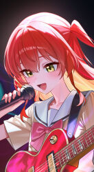 Rule 34 | 1girl, absurdres, bocchi the rock!, bow, bowtie, brown shirt, green eyes, guitar, guitar strap, highres, holding, holding microphone, instrument, kita ikuyo, medium hair, microphone, one side up, open mouth, pink bow, pink bowtie, red hair, sailor collar, school uniform, shirt, short sleeves, shuka high school uniform, smile, solo, sweat, upper body, white sailor collar, yueyueyue yao