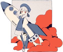 1girl blue_pantyhose blue_shirt blush briefcase buttons collared_shirt dotted_background fire grey_hair grey_shoes grey_skirt hat holding holding_behind_back holding_briefcase limited_palette long_hair looking_to_the_side melanbread original pantyhose red_eyes rocket shirt shoes skirt smoke takeoff