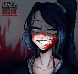 1boy artist_logo blood blood_on_face blue_eyes blue_hair braid collarbone evil_smile fang grey_background grin hei_guanxi highres ice_twilight logo long_hair looking_at_viewer moved_by_freedom non-web_source ponytail portrait qr_code smile solo teeth