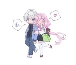 Rule 34 | 1boy, 1girl, absurdres, ahoge, bag, black shirt, black shoes, black skirt, blue jacket, commentary, denim, elysia (honkai impact), hairband, heart, highres, honkai (series), honkai impact 3rd, jacket, jeans, kevin kaslana, locked arms, long hair, nekorabu03, open mouth, pants, pink hair, shirt, shoes, shopping bag, simple background, skirt, smile, spoken heart, spoken squiggle, squiggle, symbol-only commentary, thighhighs, very long hair, white background, white hair, white hairband, white shirt, white shoes, white thighhighs