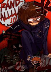 3boys absurdres aged_down anger_vein axe axe_luther blood blood_on_axe blood_on_face brothers brown_hair dream_luther dual_persona english_text gakuran glasses highres holding holding_axe imnotrlup luther_von_ivory male_focus multiple_boys puff_of_air randal&#039;s_friends randal_ivory red_background round_eyewear school_uniform short_hair siblings sitting_on_shoulder