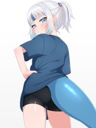 1girl absurdres ass bike_shorts blue_nails blue_shirt blue_streaks fins fish_tail gawr_gura grey_hair hair_ornament hand_on_own_hip highres hololive hololive_english looking_at_viewer looking_back mingkozus shark_girl shark_hair_ornament shark_tail shirt sidelocks simple_background solo tail virtual_youtuber white_background