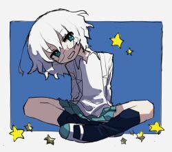 1girl arms_at_sides black_socks blue_background blue_eyes blue_skirt border coat collared_shirt commentary_request full_body glasses grin head_tilt indian_style kagaku_chop lab_coat looking_at_viewer outside_border pleated_skirt school_uniform shirt shoes short_hair simple_background sitting skirt smile socks solo star_(symbol) suzuzono_sai ueki_(ueki056) uwabaki white_border white_coat white_hair white_shirt