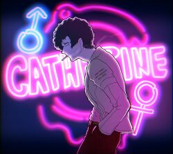 Rule 34 | 1boy, beard stubble, black hair, brown jacket, catherine (game), cigarette, copyright name, dark background, english text, facial hair, from side, hand in pocket, hoshi (star-name2000), jacket, male focus, mars symbol, messy hair, mustache stubble, neon lights, neon sign, pants, pink shirt, shirt, short hair, slouching, smoke, smoking, solo, stubble, venus symbol, vincent brooks, walking