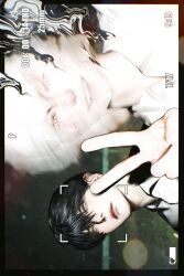 2boys battery_indicator black_hair blurry body_horror collared_shirt commentary denpyu_shi facial_recognition highres hikaru_ga_shinda_natsu indou_hikaru lips looking_at_viewer male_focus mole mole_on_cheek mole_under_eye mole_under_mouth multiple_boys multiple_moles nose red_pupils selfie shirt short_hair sideways smile teeth tsujinaka_yoshiki upper_body v white_hair white_shirt