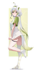 Rule 34 | 1girl, ahoge, animal ears, anklet, artist name, asymmetrical legwear, ferret ears, ferret girl, ferret tail, full body, green eyes, green hair, green panties, highres, jewelry, laimu (vtuber), making-of available, mismatched legwear, multicolored hair, panties, panty peek, pulling own clothes, roxoah, shirt, smile, socks, solo, striped clothes, striped thighhighs, tail, thighhighs, two-tone hair, underwear, vinesauce, virtual youtuber, white hair, white shirt, white socks, white tail