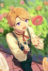 Rule 34 | 1boy, :d, belt pouch, blonde hair, bush, cowboy shot, day, donut, ensemble stars!, floral print, flower, food, green pants, green vest, highres, male focus, mandarin collar, narukami arashi, open mouth, outdoors, pants, path, pouch, print vest, pudding49500, purple eyes, road, shirt, short hair, smile, solo, very short hair, vest, yellow shirt