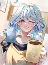 Rule 34 | 2girls, absurdres, aether (genshin impact), ahoge, alternate costume, apron, bimmy, black shirt, blue eyes, blue hair, blurry, blurry background, bra strap, character print, coffee, coffee mug, commentary, contemporary, cup, drop-shaped pupils, dutch angle, english commentary, eyelash ornament, furina (genshin impact), genshin impact, glint, grin, hair between eyes, hands up, highres, holding, holding cup, indoors, jewelry, kitchen, looking at viewer, mug, multicolored hair, multiple girls, one eye closed, paimon (genshin impact), portrait (object), print mug, ring, shirt, short hair, short sleeves, smile, solo focus, streaked hair, symbol-shaped pupils, upper body, wedding ring, yellow apron