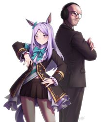 Rule 34 | 1boy, 1girl, animal ears, bald, beard stubble, black-framed eyewear, black pants, black skirt, black suit, closed mouth, crossed arms, facial hair, formal clothes, glasses, hand on own hip, headphones, highres, horse ears, horse girl, horse tail, long hair, long sleeves, looking at viewer, mejiro mcqueen (umamusume), northernlion, pants, parted bangs, pleated skirt, purple eyes, purple hair, real life, simple background, skirt, stubble, suit, tail, umamusume, white background, zhvo