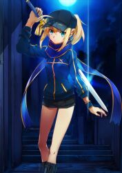 1girl ahoge arm_at_side artoria_pendragon_(fate) baseball_cap black_boots black_hat black_shorts blonde_hair blue_background blue_eyes blue_jacket blue_scarf boots breasts bunbun closed_mouth excalibur_(fate/stay_night) fate/grand_order fate_(series) feet_out_of_frame glint hair_between_eyes hair_through_headwear hand_up hat holding holding_sword holding_weapon holding_weapon_behind_back jacket lace-up_boots long_sleeves mysterious_heroine_x_(fate) official_art ponytail scarf short_shorts shorts sidelocks solo standing sword third-party_source variant_set weapon wristband