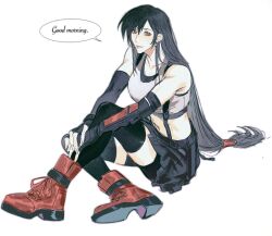 Rule 34 | 1girl, bare shoulders, black gloves, black hair, black skirt, black thighhighs, boots, crop top, elbow gloves, final fantasy, final fantasy vii, final fantasy vii rebirth, final fantasy vii remake, fingerless gloves, full body, gloves, good morning, highres, long hair, looking at viewer, midriff, miniskirt, moyanwxy, red boots, red eyes, simple background, sitting, skirt, solo, suspender skirt, suspenders, tank top, thighhighs, tifa lockhart, white background, white tank top