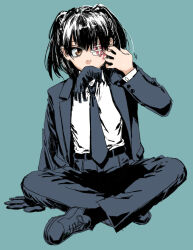 1girl adjusting_hair belt black_belt black_gloves black_hair black_jacket black_lagoon black_necktie black_pants black_shoes black_socks blood blood_on_face blue_background brown_eyes commentary eyepatch formal_clothes full_body glove_in_mouth gloves hand_in_own_hair hand_up indian_style jacket le_majeur_(black_lagoon) looking_to_the_side medical_eyepatch medium_hair montaro482436 mouth_hold necktie pants shirt shoes simple_background single_glove sitting socks solo suit twintails unworn_gloves white_shirt